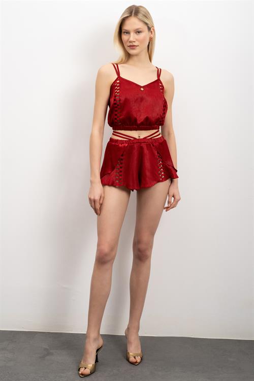 Amative Grogren Detailed Satin Pajama Set with Bordeaux Shorts