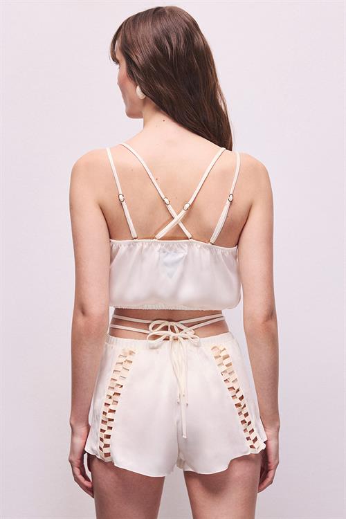 Amative Grogren Detailed Satin Pajama Set with Ecru Shorts