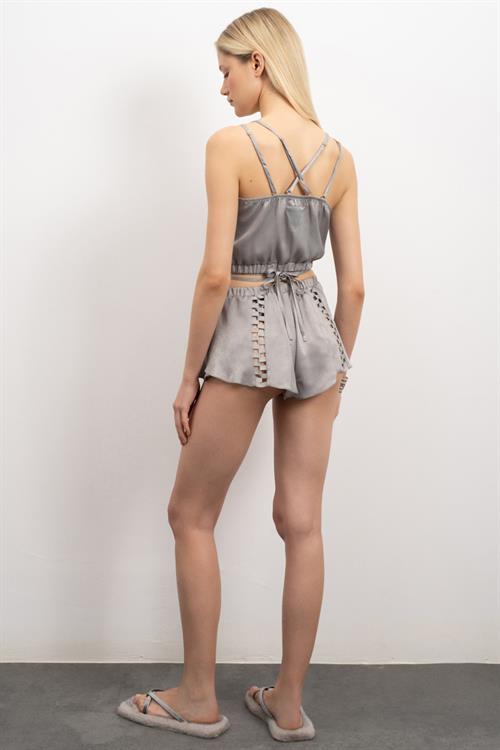 Amative Grogren Detailed Satin Pajama Set with Grey Shorts