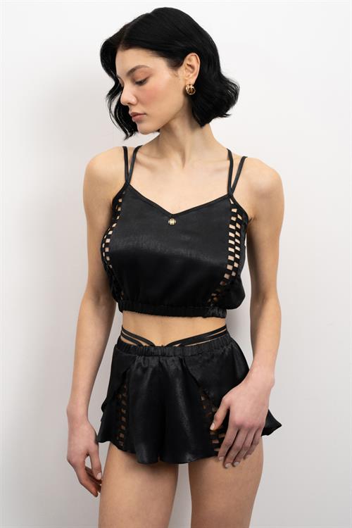 Amative Grogren Detailed Satin Pajama Set with Black Shorts