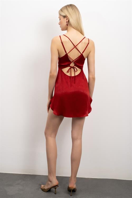 Ambitious Grogren Detailed Satin Bordeaux Short Nightgown