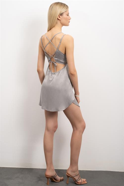 Ambitious Grogren Detailed Satin Grey Short Nightgown