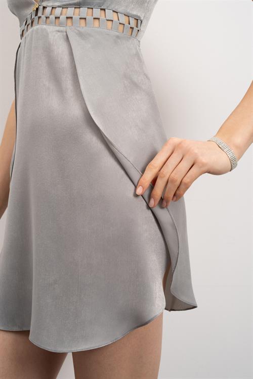 Ambitious Grogren Detailed Satin Grey Short Nightgown
