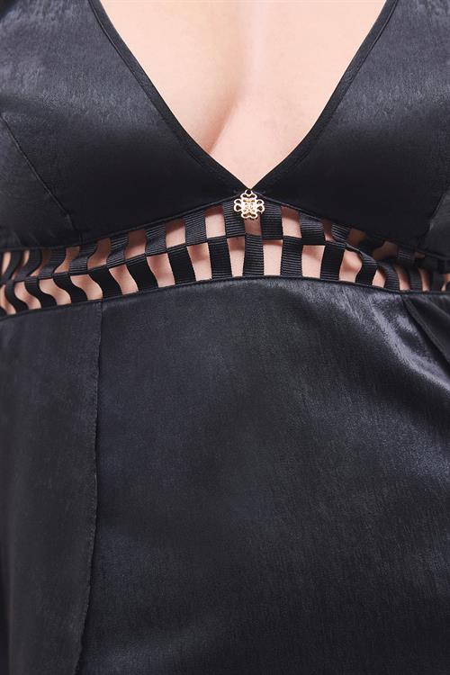 Ambitious Grogren Detailed Satin Black Short Nightgown