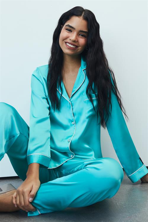 Amour Satin Turquoise Long Pajama Set