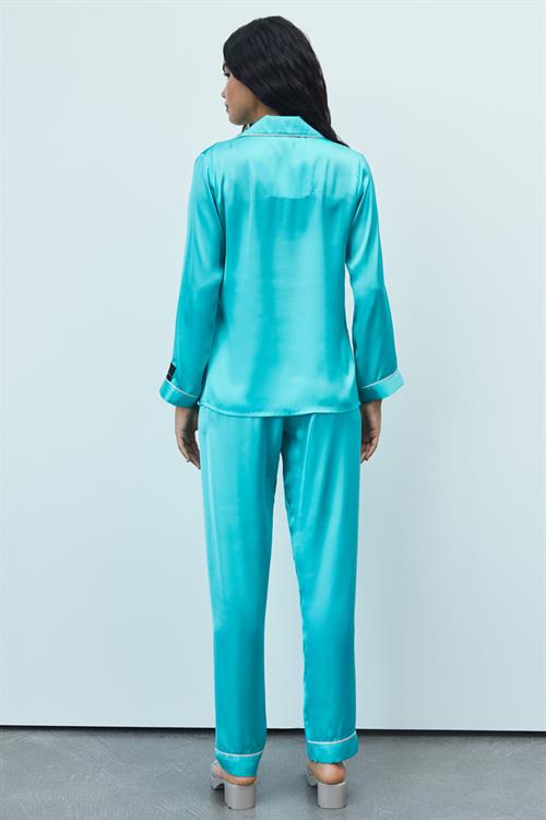 Amour Satin Turquoise Long Pajama Set