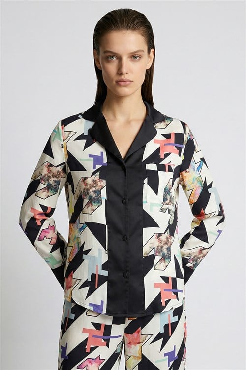 Mixte Desenli Saten Detaylı Uzun Viskon Pijama Takımı