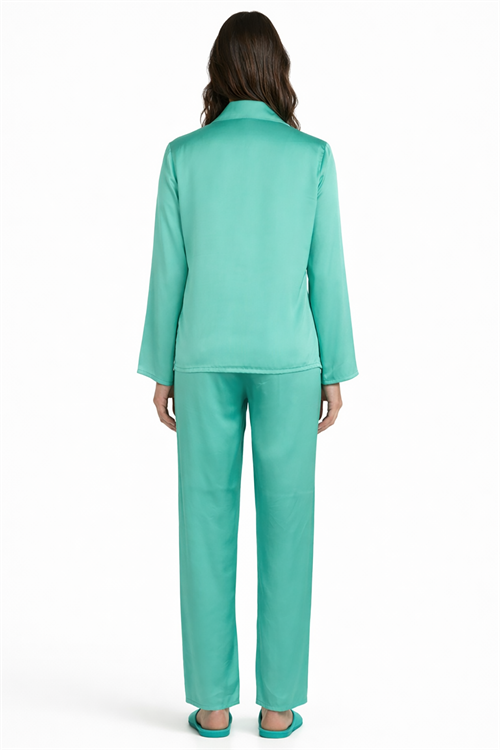 Amoris Turkuaz Uzun Saten Pijama Takımı