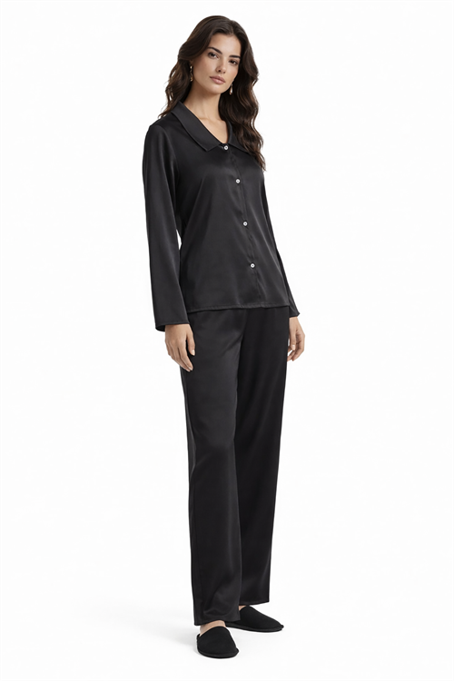 Amoris Siyah Uzun Saten Pijama Takımı