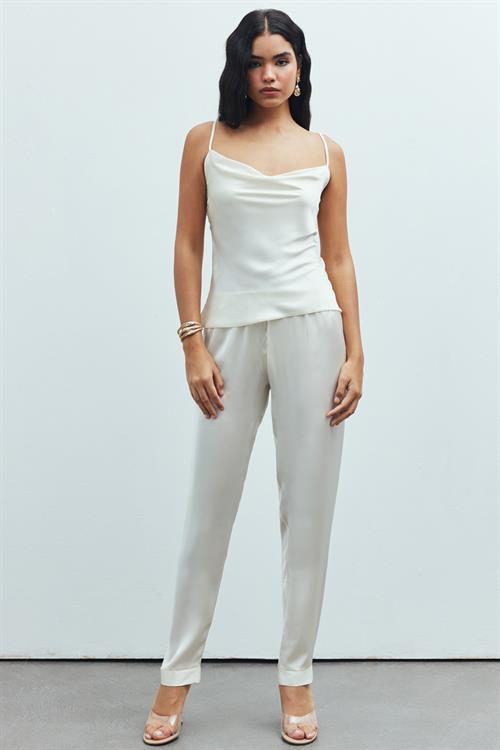 Brûleur Satin Ecru Degaje Collar Strap Long Pajama Set