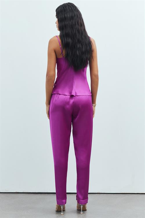 Brûleur Fuşya Degaje Yaka Askılı Uzun Saten Pijama Takımı