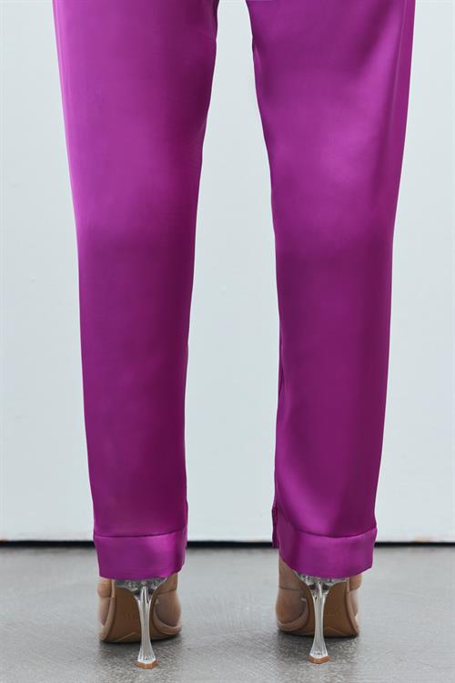 Brûleur Fuşya Degaje Yaka Askılı Uzun Saten Pijama Takımı