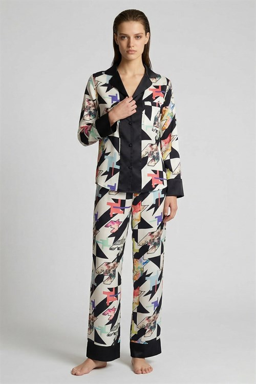 Mixte Desenli Saten Detaylı Uzun Viskon Pijama Takımı