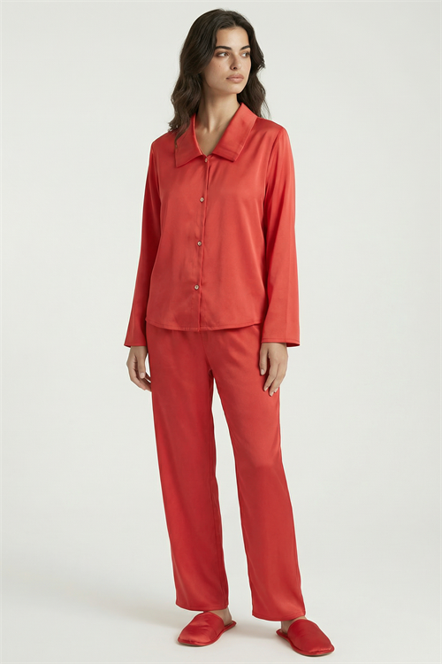 Amoris Nar Çiçeği Uzun Saten Pijama Takımı