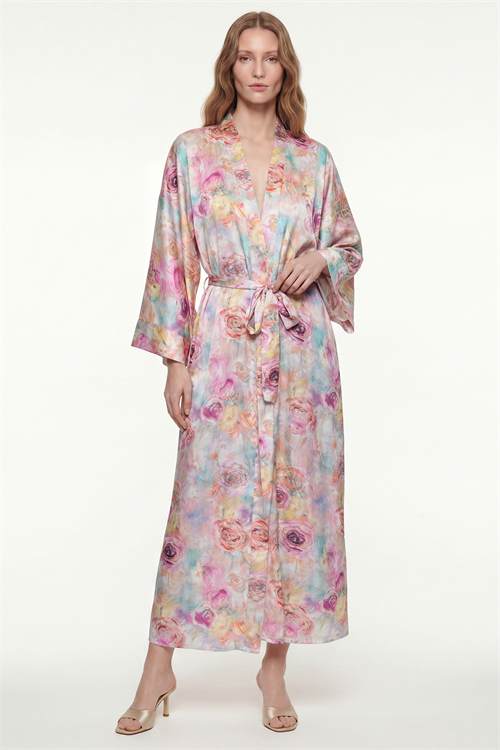 Frappant Marguerite Desenli Uzun Saten Sabahlık / Kimono