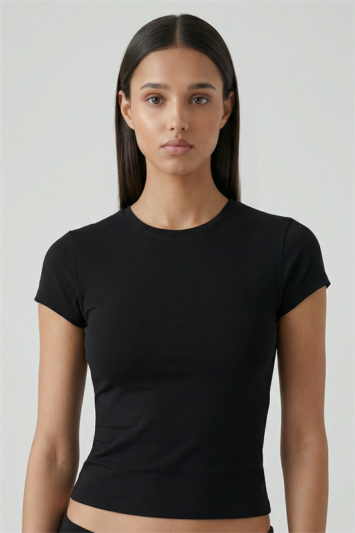 Cotvie Siyah Pamuklu Bisiklet Yaka T-shirt