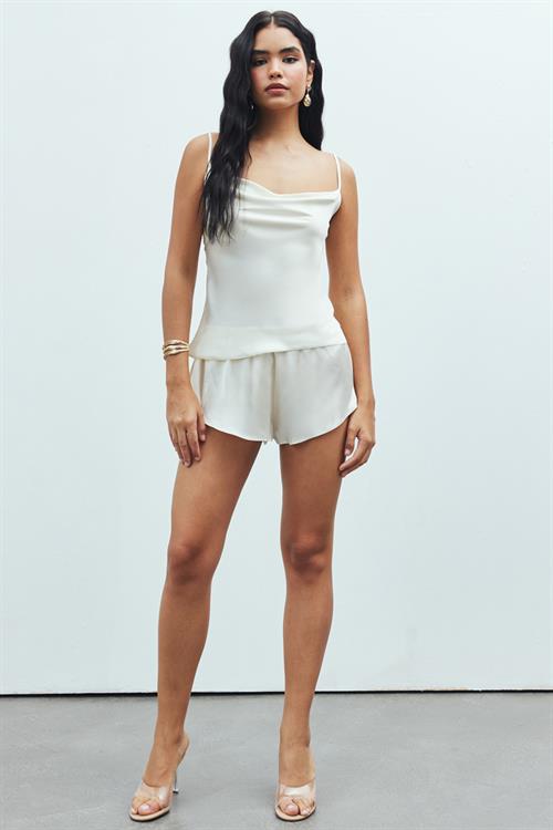 Caché Satin Ecru Degaje Collar Strap Short Pajama Set