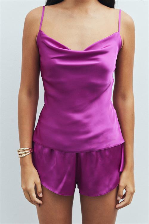 Caché Satin Fuchsia Degaje Collar Strap Short Pajama Set