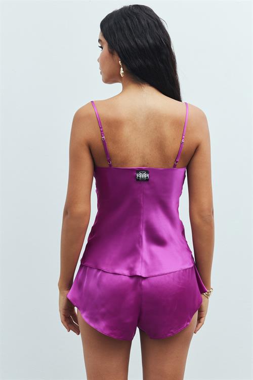 Caché Satin Fuchsia Degaje Collar Strap Short Pajama Set