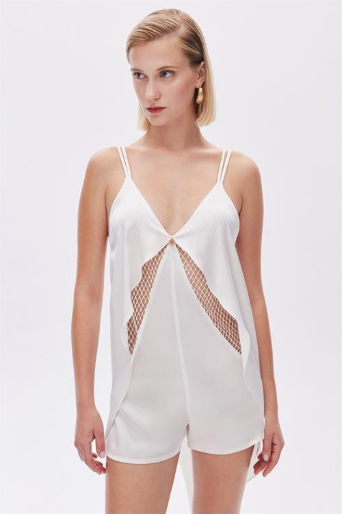 Calla Lily Satin Lace Detailed Ecru Jumpsuit