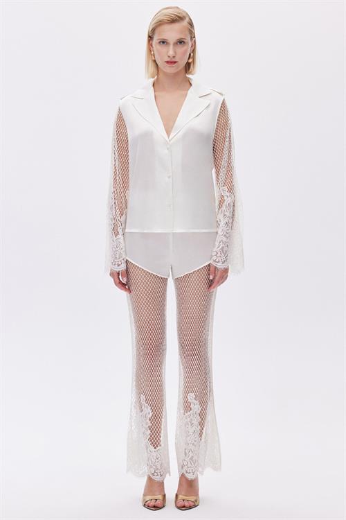 Calla Lily Ekru Dantel Detaylı Uzun Saten Pijama Takımı