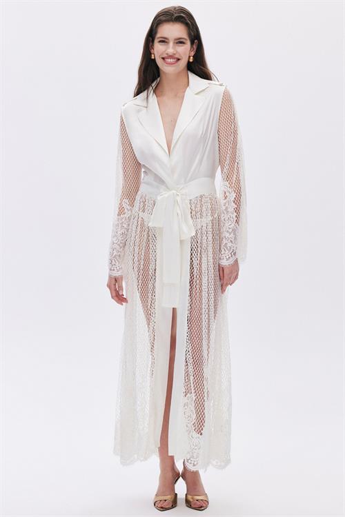 Calla Lily Ekru Dantel Detaylı Uzun Saten Sabahlık / Kimono
