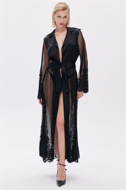 Calla Lily Satin Lace Detailed Black Long Morning Grown/Kimono