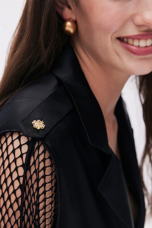 Calla Lily Siyah Dantel Detaylı Uzun Saten Pijama Takımı