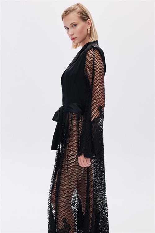 Calla Lily Satin Lace Detailed Black Long Morning Grown/Kimono