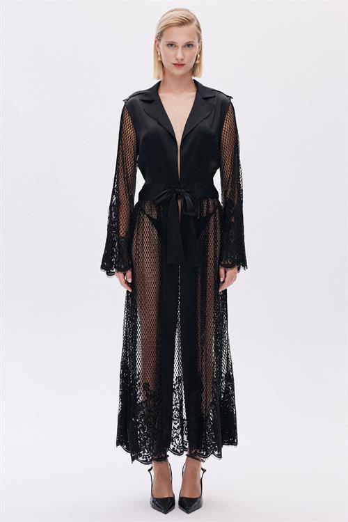 Calla Lily Satin Lace Detailed Black Long Morning Grown/Kimono