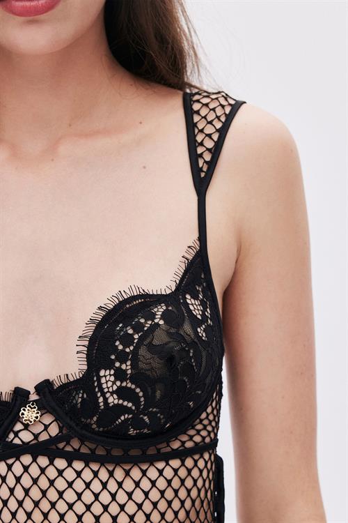 Calla Lily Fishnet Detailed Black Babydoll