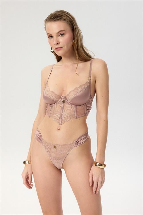 camille Satin Lace pleated dried rose thong