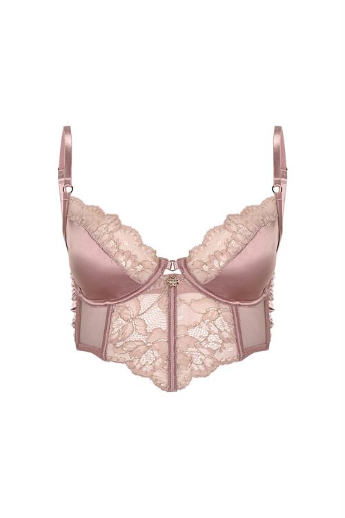 Camile Gül Kurusu Saten Dantelli Korseli Sütyen