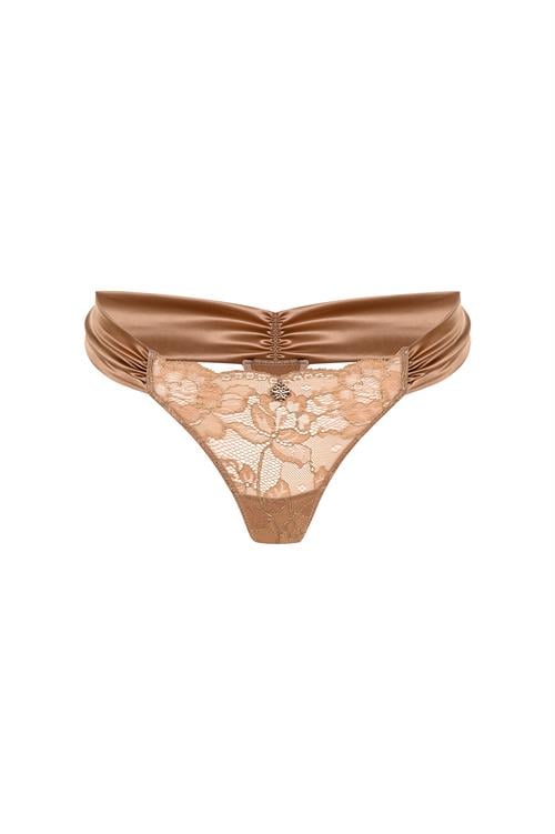camille Satin Lace pleated brown thong