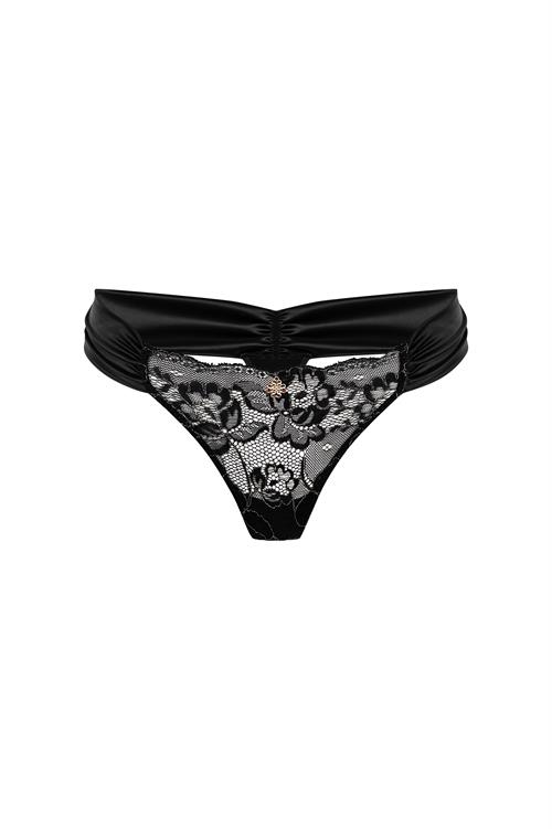 camille Satin Lace pleated Black thong
