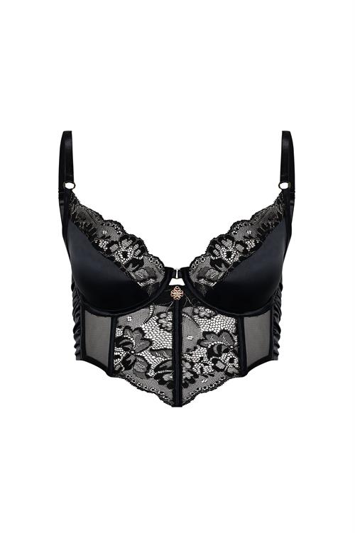 Camile Siyah Saten Dantelli Korseli Sütyen