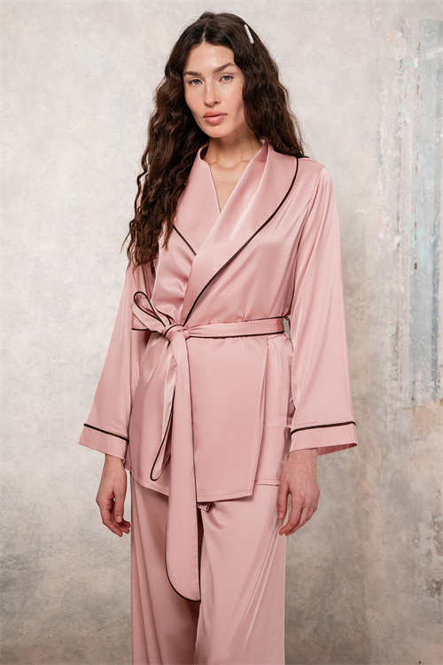 Пижамный комплект Chiara Rose Pink из длинного атласа с накидкой