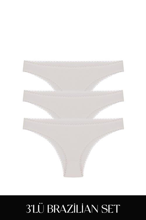 Cotvie Ekru Pamuklu Brazillian 3lü Set Külot