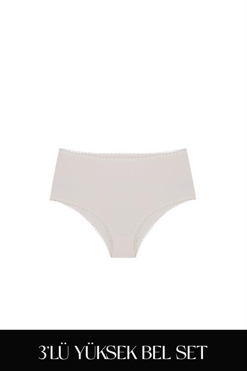 Cotvie Ekru Pamuklu Yüksek Bel 3lü Set Külot