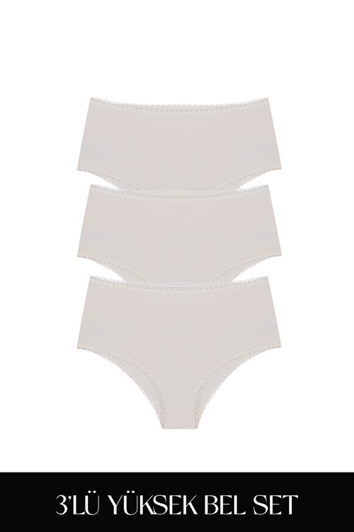 Cotvie Ekru Pamuklu Yüksek Bel 3lü Set Külot
