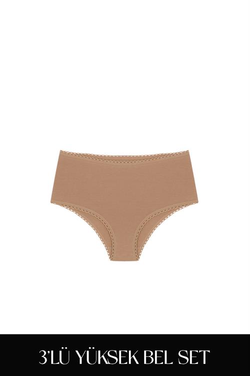 Cotvie Kahve Pamuklu Yüksek Bel 3lü Set Külot