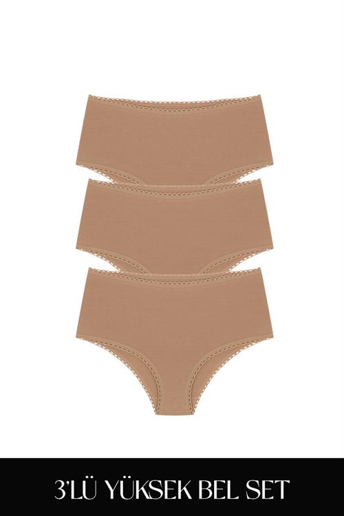 Cotvie Kahve Pamuklu Yüksek Bel 3lü Set Külot