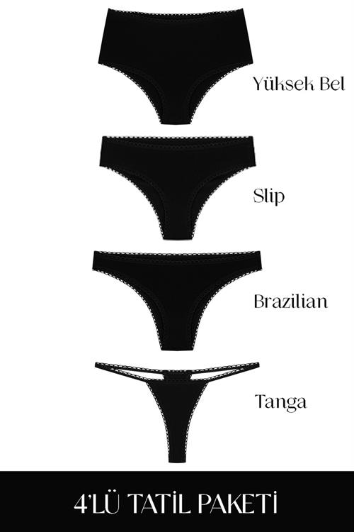 Cotvie Siyah Pamuklu 4lü Tatil Külot Seti