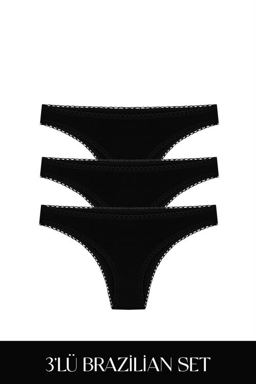 Cotvie Siyah Pamuklu Brazillian 3lü Set Külot