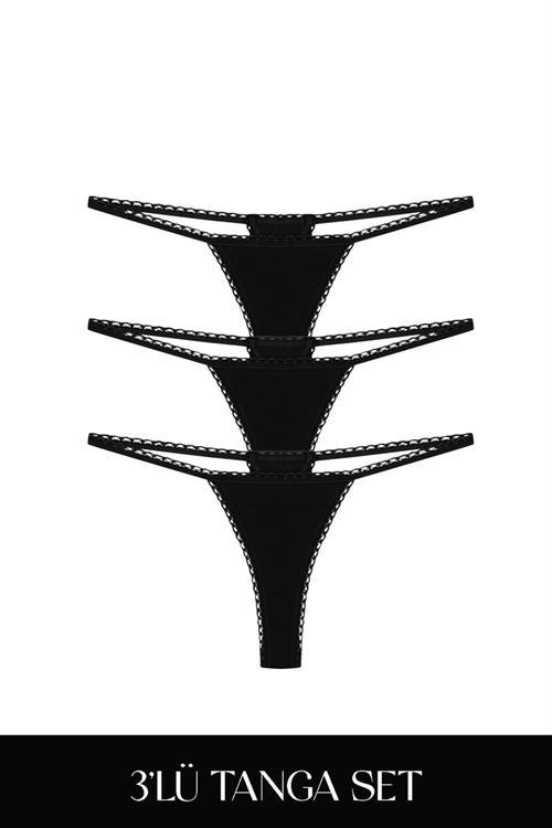 Cotvie Siyah Pamuklu Tanga 3lü Set Külot