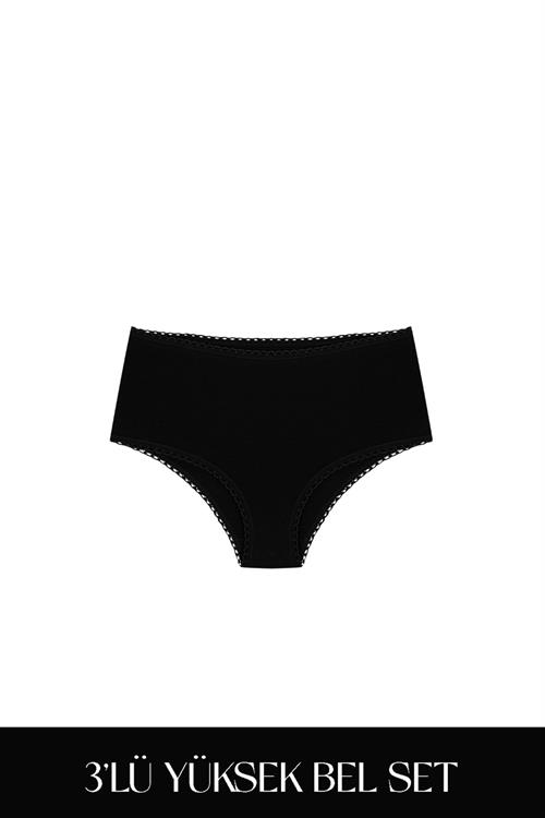 Cotvie Siyah Pamuklu Yüksek Bel 3lü Set Külot
