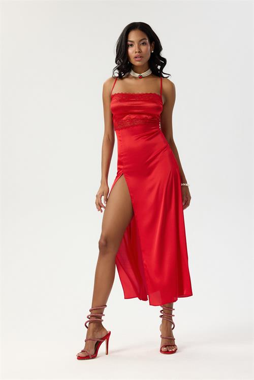 ecletant Satin Strappy red Long Nightgrown