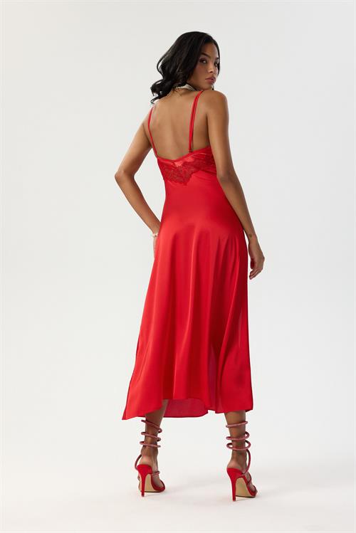 ecletant Satin Strappy red Long Nightgrown
