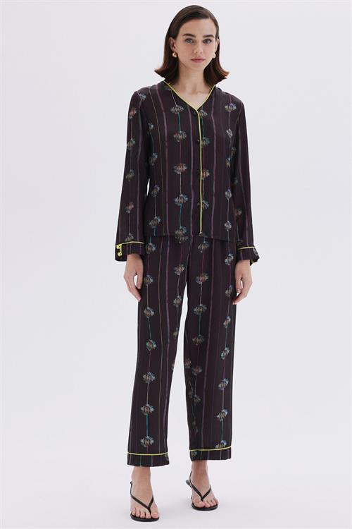 Elucious Patterned Satin Long Pijama Set