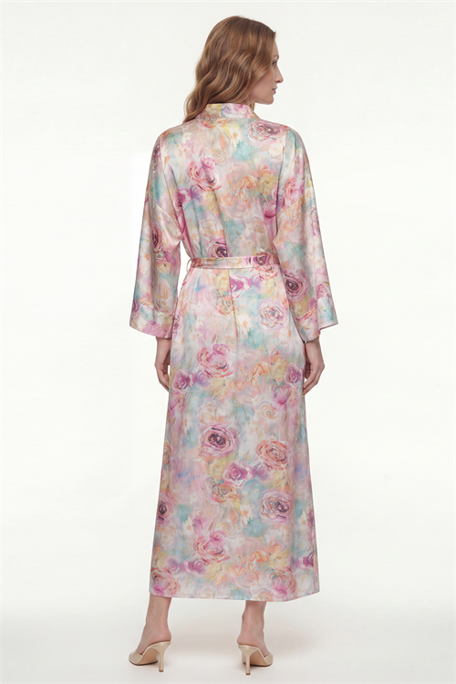 Frappant Marguerite Desenli Uzun Saten Sabahlık / Kimono